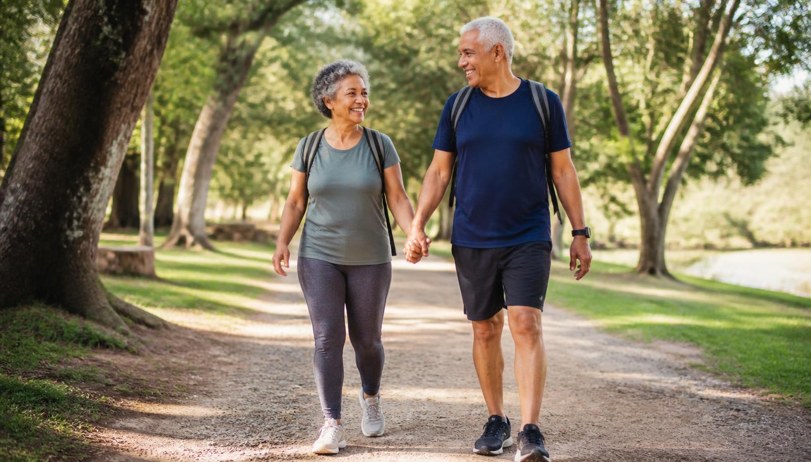 Casal de idosos caminhando lado a lado em um parque arborizado, sorrindo — autonomia e saúde do idoso