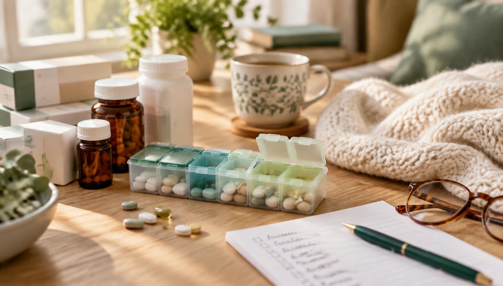 Organizador semanal de comprimidos, frascos de remédios e lista de medicamentos sobre uma mesa de madeira, em luz suave — segurança no uso de vários medicamentos por pessoas mais velhas